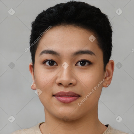 Joyful asian young-adult female with short  black hair and brown eyes