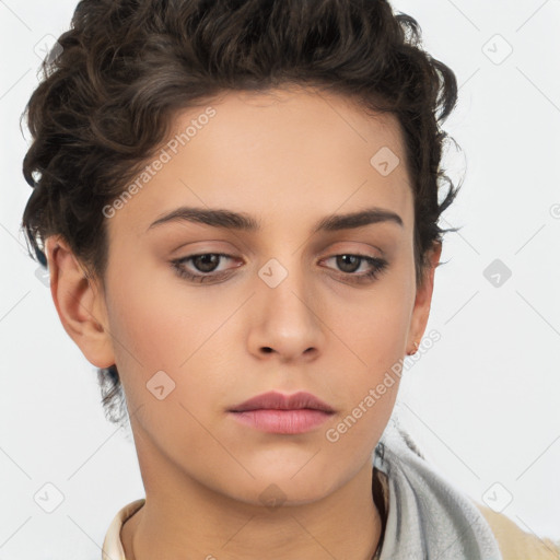 Neutral white young-adult female with short  brown hair and brown eyes