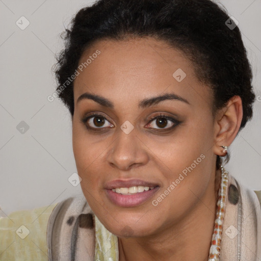 Joyful latino young-adult female with short  brown hair and brown eyes