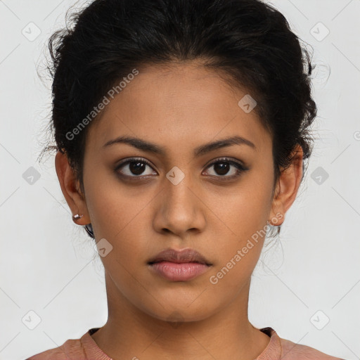 Neutral latino young-adult female with short  brown hair and brown eyes