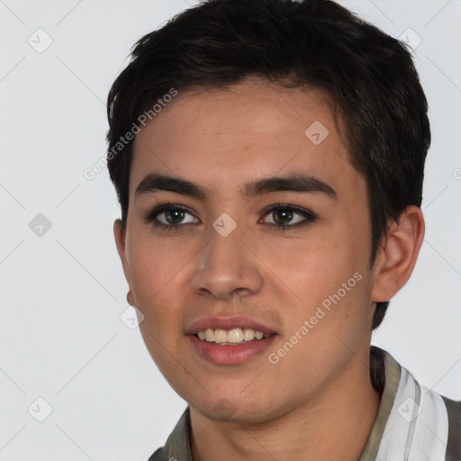 Joyful white young-adult male with short  black hair and brown eyes