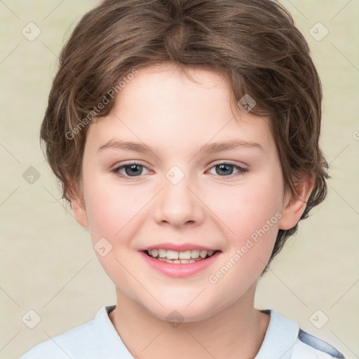 Joyful white child female with medium  brown hair and brown eyes