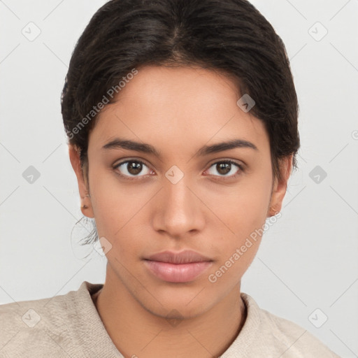 Neutral white young-adult female with short  brown hair and brown eyes