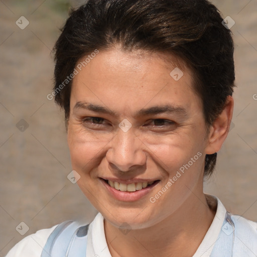 Joyful white adult female with medium  brown hair and brown eyes