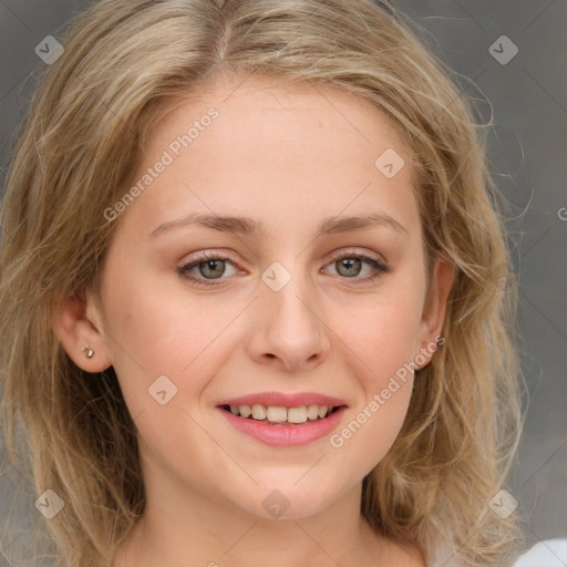 Joyful white young-adult female with medium  brown hair and blue eyes