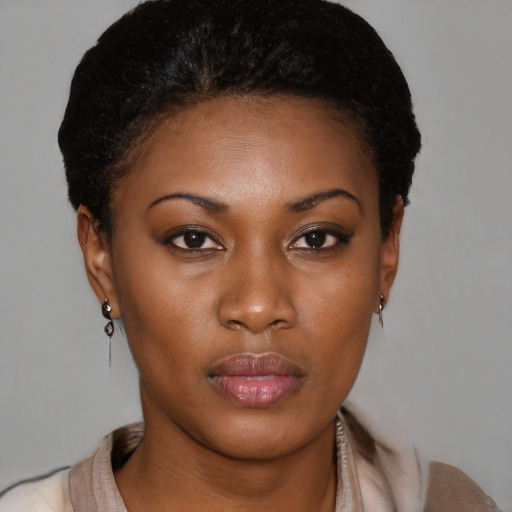 Neutral black young-adult female with short  brown hair and brown eyes