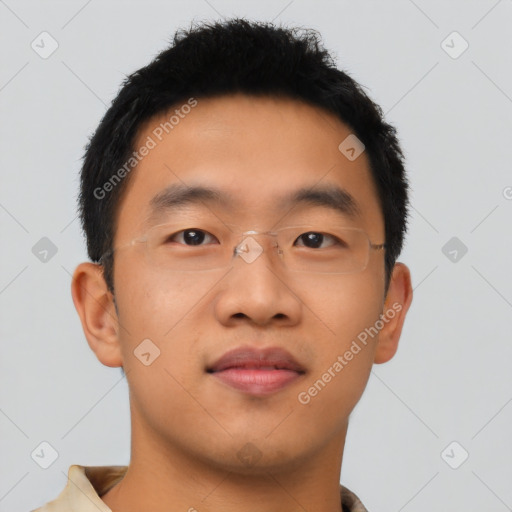 Neutral asian young-adult male with short  brown hair and brown eyes