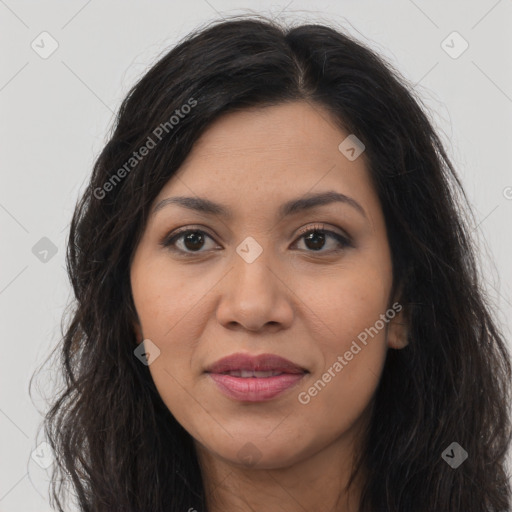 Joyful latino young-adult female with long  brown hair and brown eyes