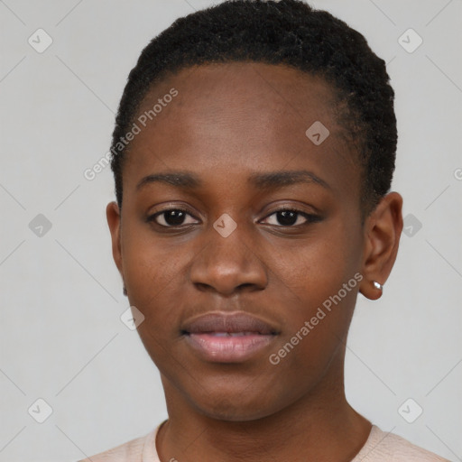 Neutral black young-adult female with short  black hair and brown eyes