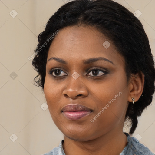 Joyful black young-adult female with medium  black hair and brown eyes