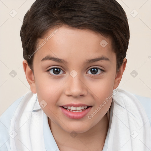 Joyful white child female with short  brown hair and brown eyes