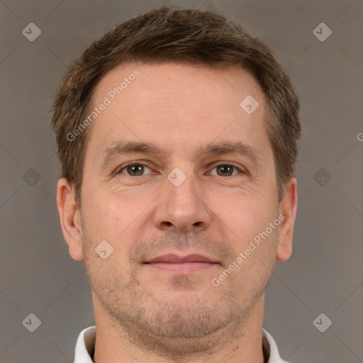 Neutral white adult male with short  brown hair and brown eyes