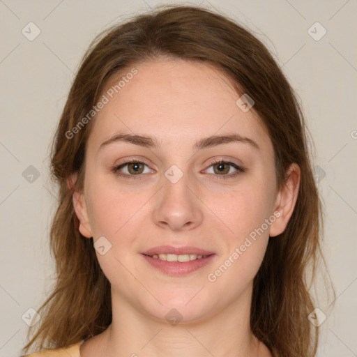 Joyful white young-adult female with medium  brown hair and green eyes