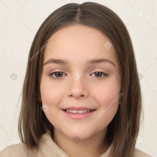 Joyful white child female with medium  brown hair and brown eyes