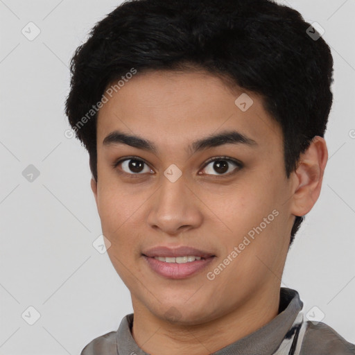 Joyful latino young-adult female with short  brown hair and brown eyes