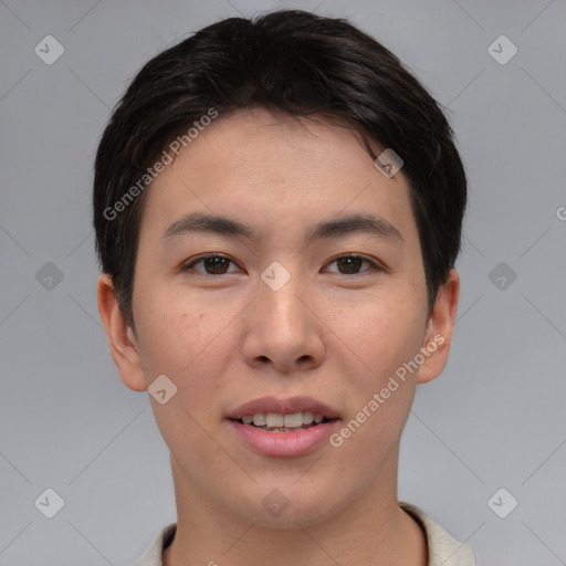 Joyful asian young-adult male with short  brown hair and brown eyes