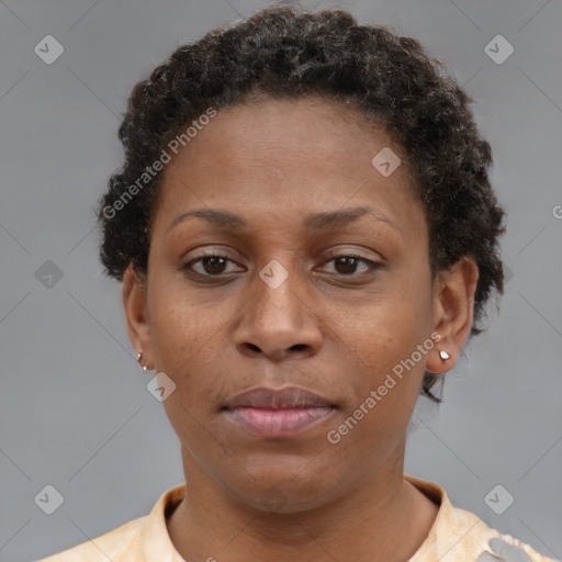 Neutral black young-adult female with short  brown hair and brown eyes