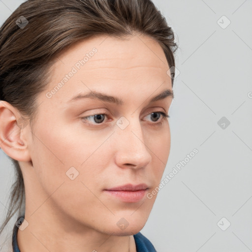 Neutral white young-adult female with medium  brown hair and blue eyes