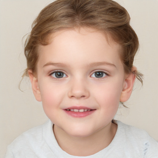 Joyful white child female with medium  brown hair and blue eyes