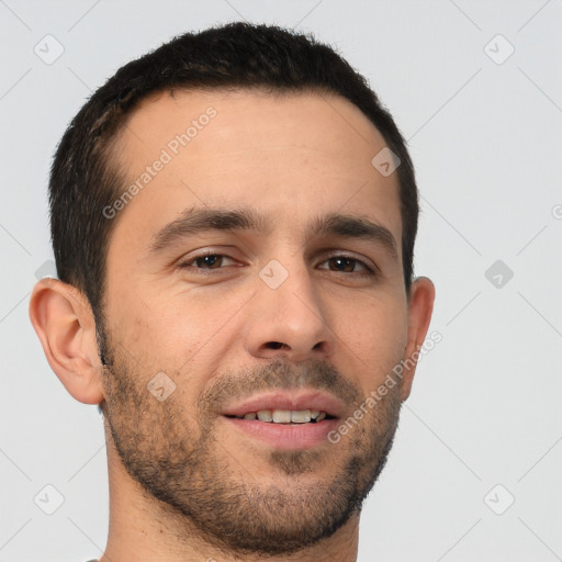 Joyful white young-adult male with short  brown hair and brown eyes