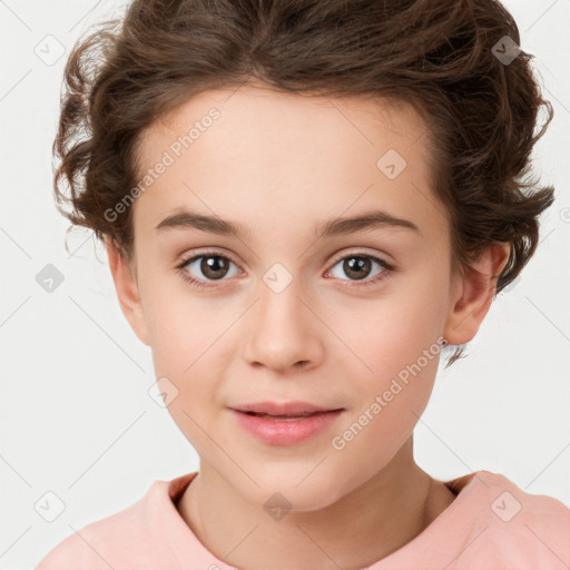 Joyful white child female with short  brown hair and brown eyes