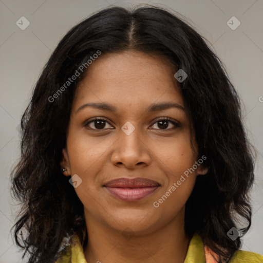 Joyful black young-adult female with medium  brown hair and brown eyes