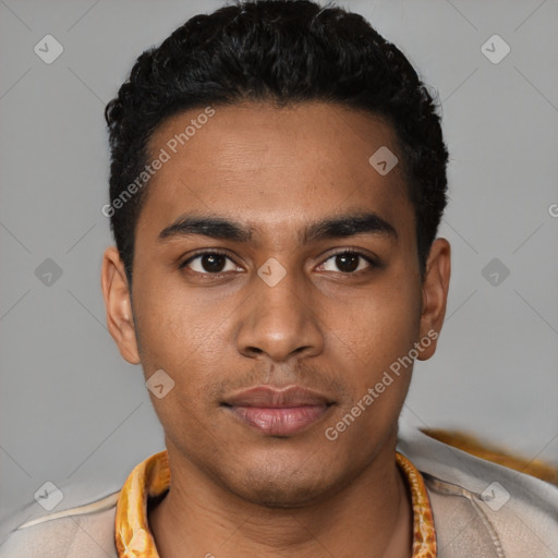 Neutral latino young-adult male with short  black hair and brown eyes