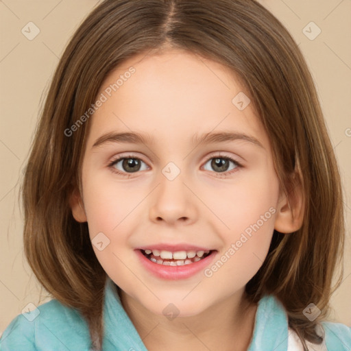 Joyful white child female with medium  brown hair and brown eyes