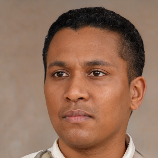 Neutral black young-adult male with short  black hair and brown eyes