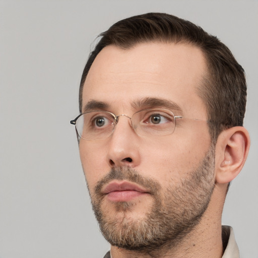 Neutral white adult male with short  brown hair and brown eyes