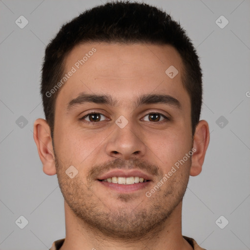 Joyful white young-adult male with short  brown hair and brown eyes