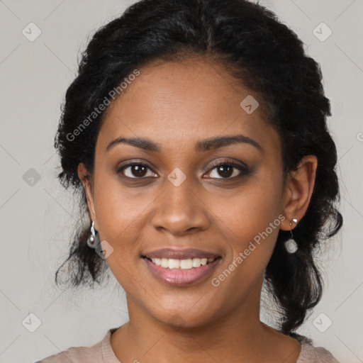 Joyful black young-adult female with medium  black hair and brown eyes