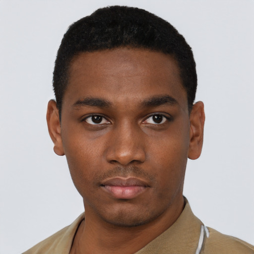 Neutral black young-adult male with short  black hair and brown eyes