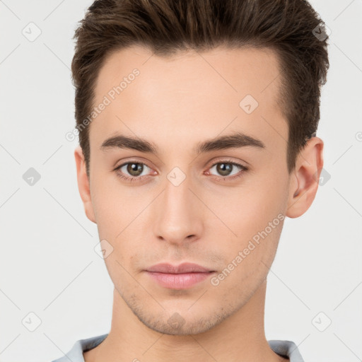 Neutral white young-adult male with short  brown hair and brown eyes