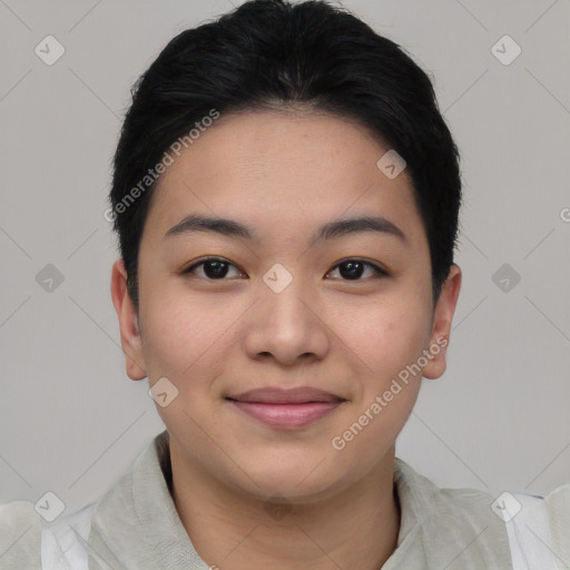 Joyful asian young-adult female with short  black hair and brown eyes