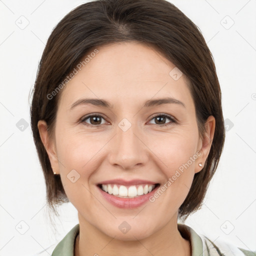 Joyful white young-adult female with medium  brown hair and brown eyes