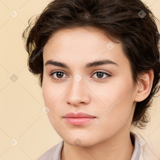 Neutral white young-adult female with medium  brown hair and brown eyes