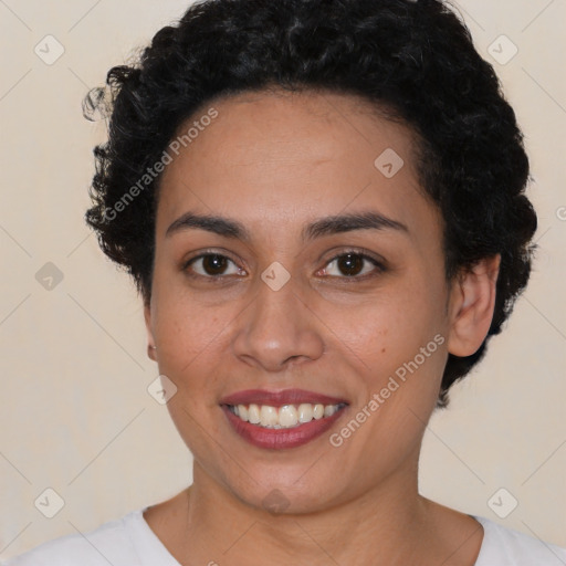 Joyful latino young-adult female with short  brown hair and brown eyes