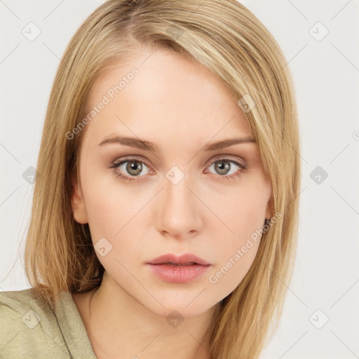 Neutral white young-adult female with long  brown hair and brown eyes