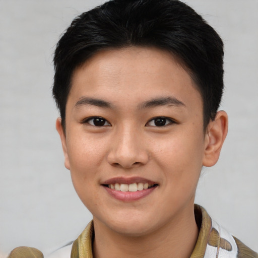 Joyful white young-adult female with short  brown hair and brown eyes