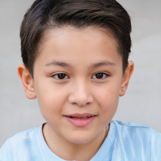 Joyful white child female with short  brown hair and brown eyes