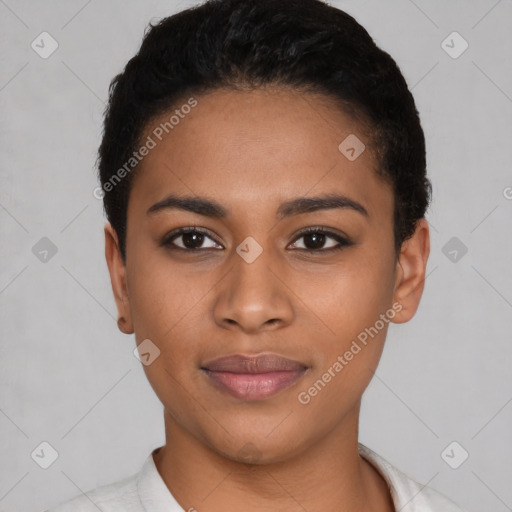 Joyful latino young-adult female with short  black hair and brown eyes