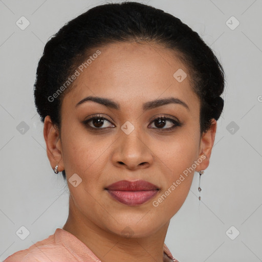 Joyful latino young-adult female with short  brown hair and brown eyes