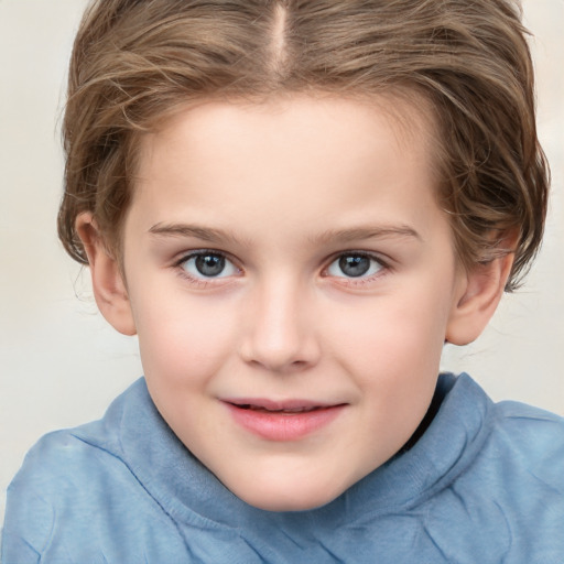 Joyful white child female with short  brown hair and brown eyes