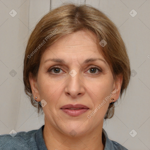 Joyful white adult female with medium  brown hair and grey eyes