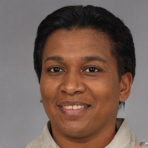 Joyful latino adult female with short  black hair and brown eyes