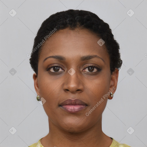 Neutral black young-adult female with short  black hair and brown eyes
