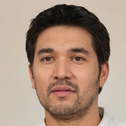 Neutral asian adult male with short  black hair and brown eyes