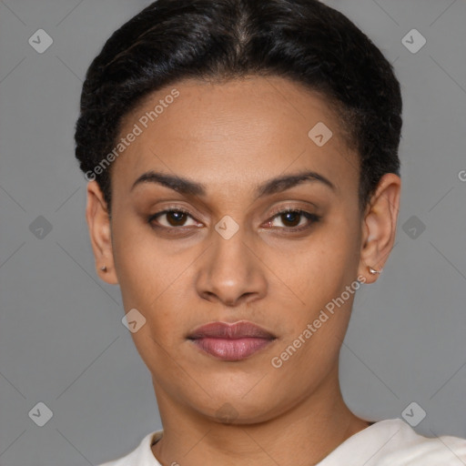 Joyful latino young-adult female with short  black hair and brown eyes