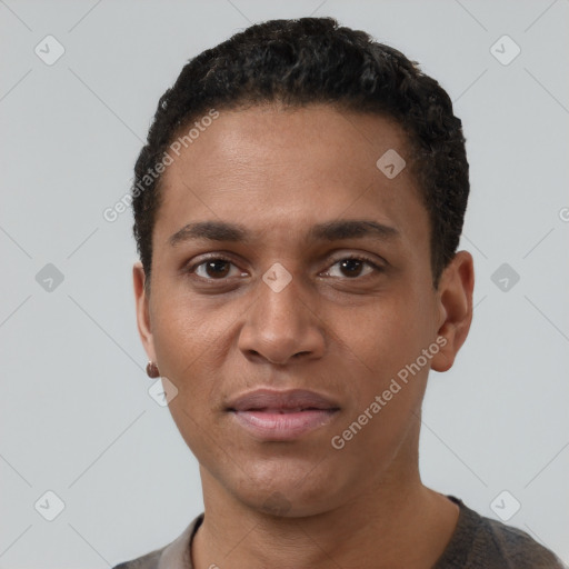 Neutral black young-adult male with short  brown hair and brown eyes